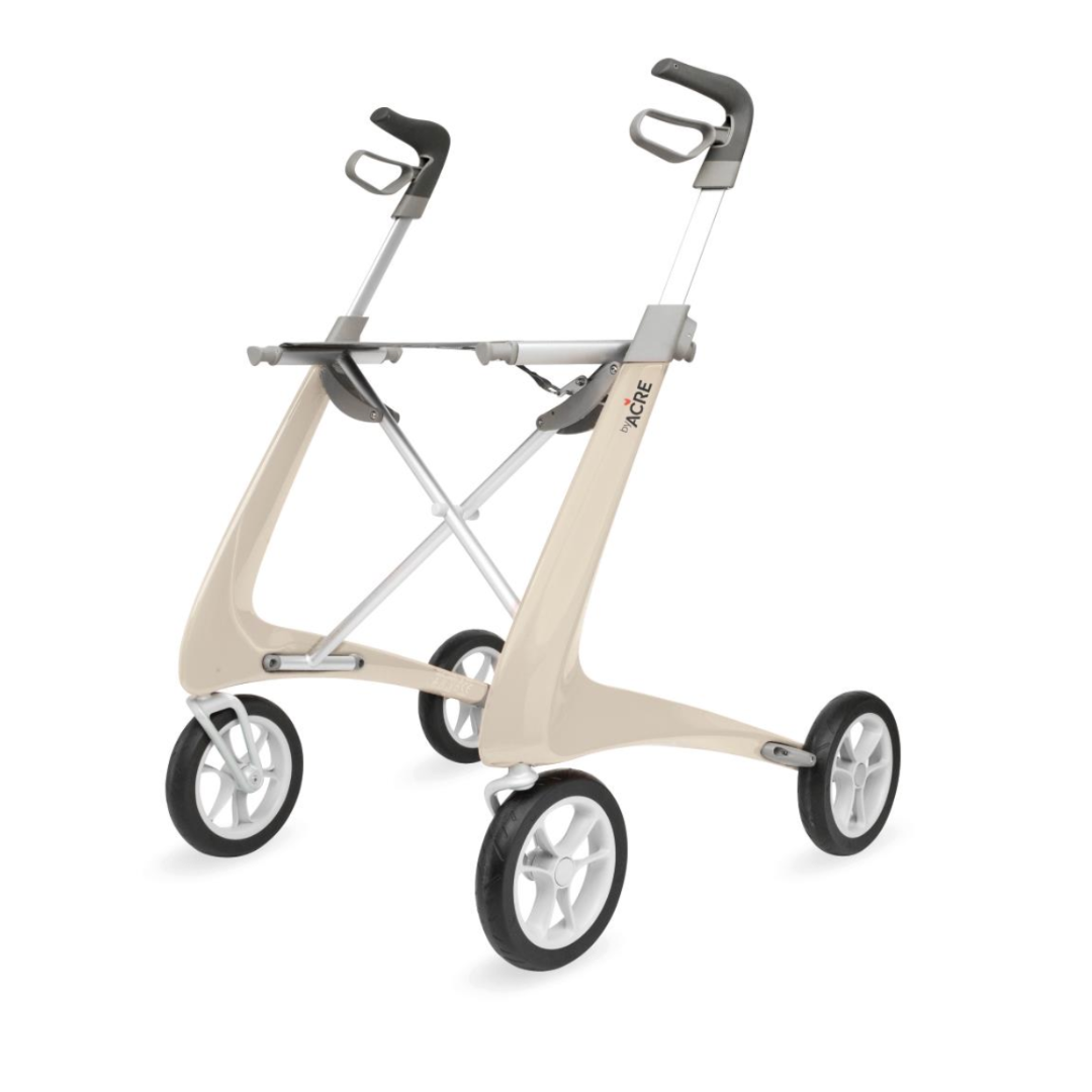 The ByACRE Ultralight Carbon Fiber Rollator, weighing just 10.6 lbs, features a modern beige design with four black wheels, ergonomic silver handles, a carbon fiber frame for durability, and a crossbar for stability.